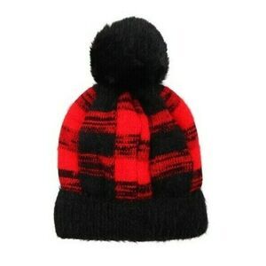 Winter Pom-Pom Knitted Hat Red & Black Buffalo Plaid Fuzzy
